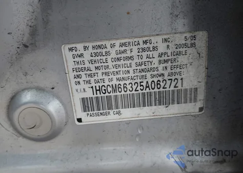 2005 Honda Accord 3.0 Lx from USA, damaged, VIN 1HGCM66325A062721